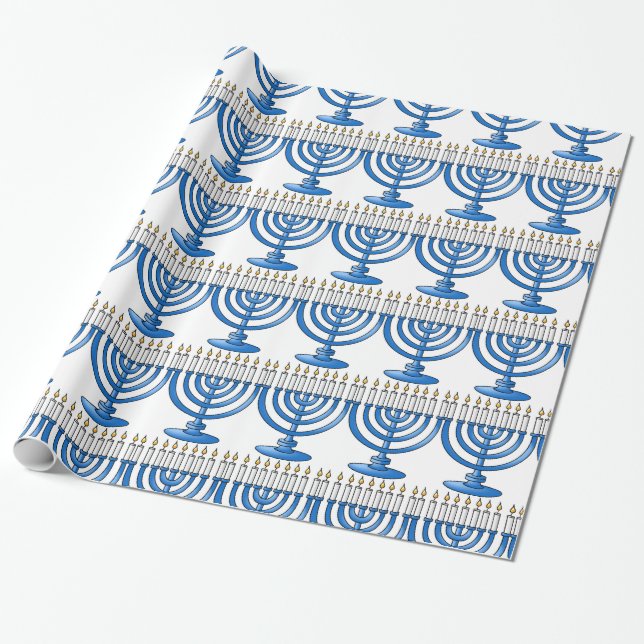Blue Menorah Hanukkah Wrapping Paper (Unrolled)