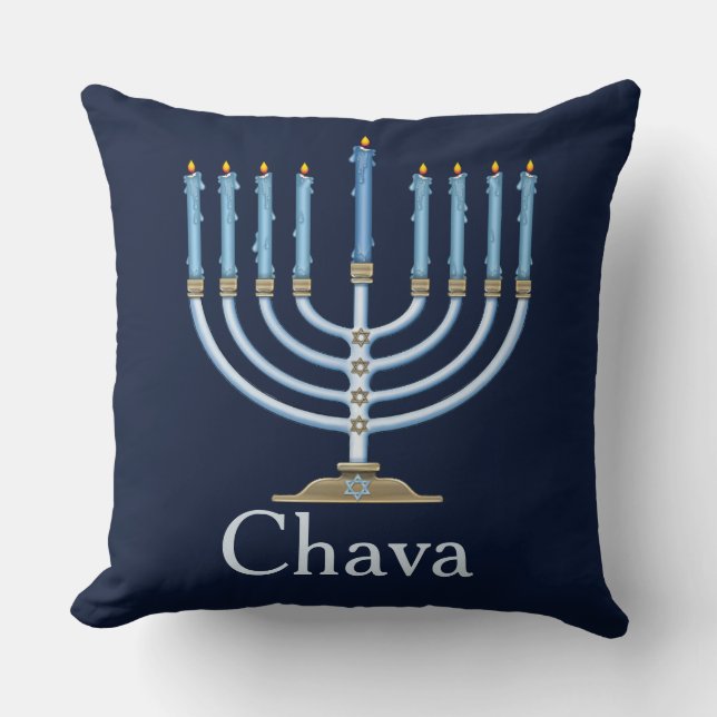 Blue Menorah Personalised Decorative Throw Pillow (Front)