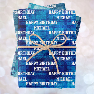 Blue Men's Birthday DIY Text set of 3 Wrapping Pap Paper Sheet