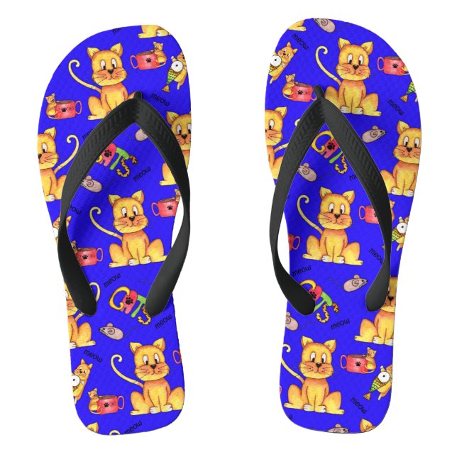 Blue Meow Cats Cute Mischievous Kittens Flip Flops (Footbed)