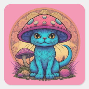 Blue Meow Mushroom Square Sticker