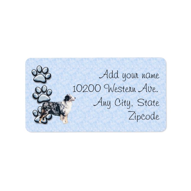 Blue Merle Aussie and 3 blue pawprints Label (Front)