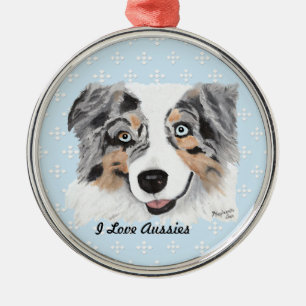 Blue Merle Aussie Blue w/white Diamonds Metal Tree Decoration