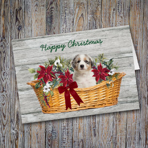 Blue Merle Aussie Puppy in Basket Christmas Card