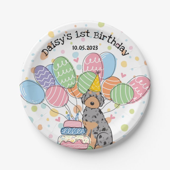 Blue Merle Aussiedoodle Birthday Paper Plates (Front)