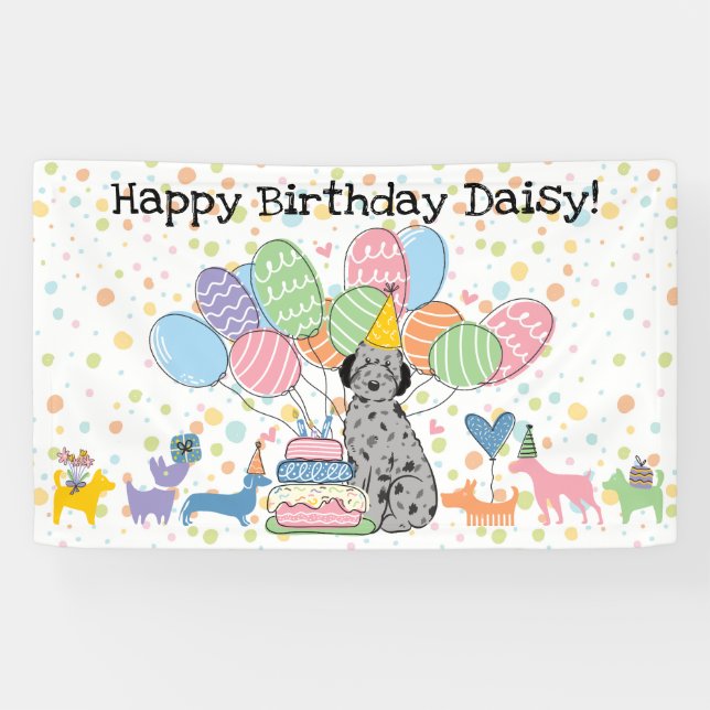 Blue Merle Aussiedoodle Dog Birthday Party Banner (Horizontal)