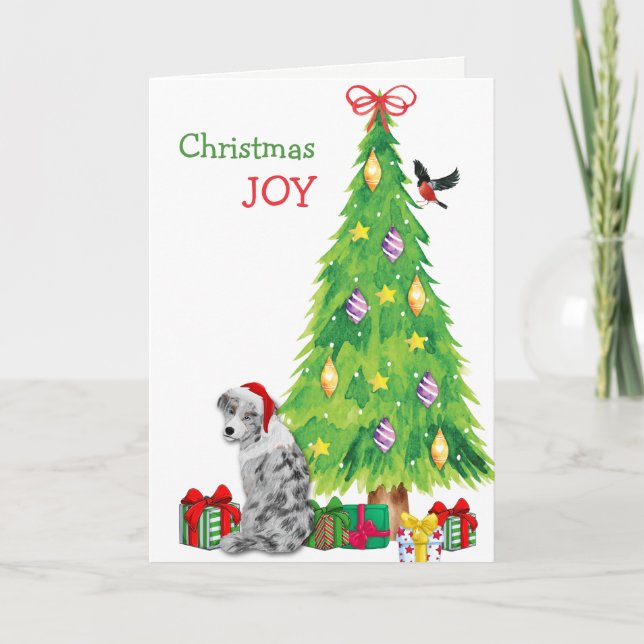 Blue Merle Australian Shepherd and Christmas Tree Holiday Card (Front)