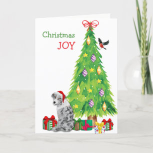 Blue Merle Australian Shepherd and Christmas Tree Holiday Card