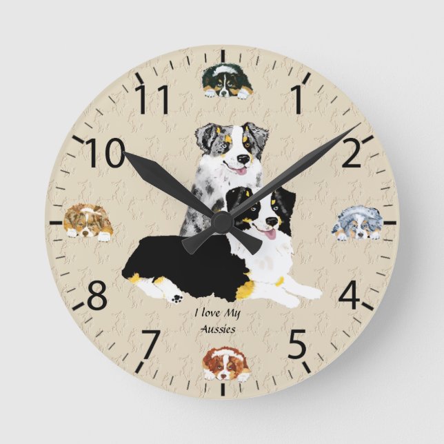 Blue Merle & Black Tri Australian Shepherds Round Clock (Front)