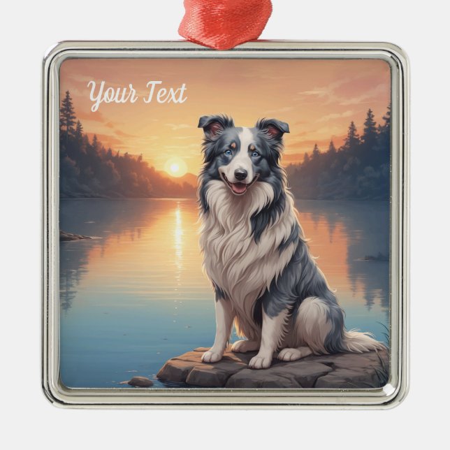 Blue Merle Border Collie by Lake Metal Tree Decoration (Front)