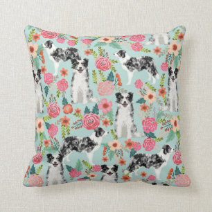 Blue Merle Border Collie Floral Pillow