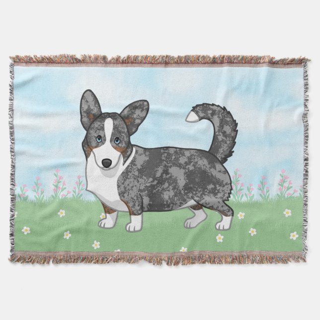 Blue Merle Cardigan Welsh Corgi Flowers Throw Blanket (Front)