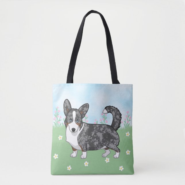 Blue Merle Cardigan Welsh Corgi Flowers Tote Bag (Front)