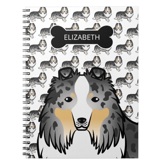 Blue Merle Cartoon Sheltie With Dog Bone & Name Notebook (Front)