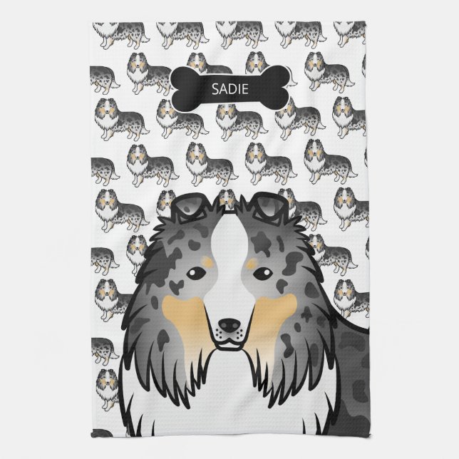 Blue Merle Cartoon Sheltie With Dog Bone & Name Tea Towel (Vertical)