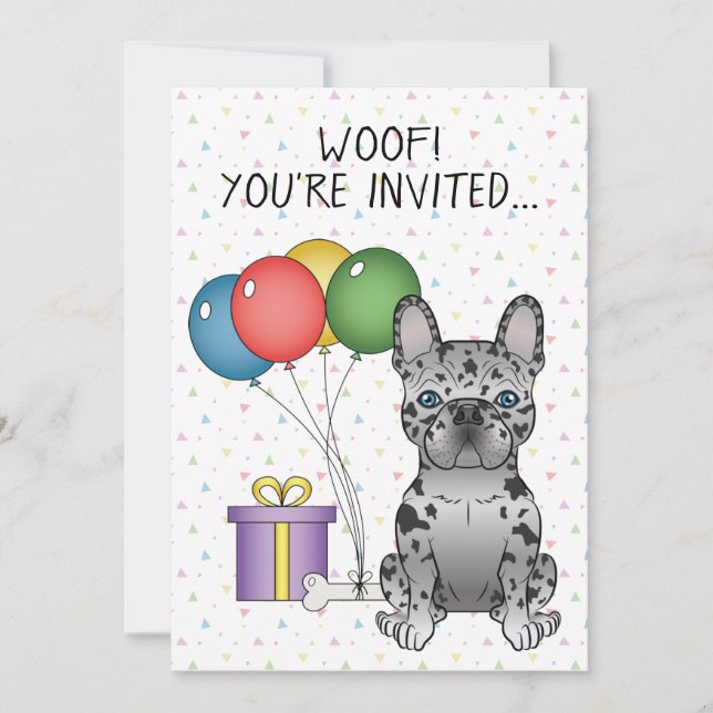 Blue Merle French Bulldog Cartoon Dog Birthday Invitation (Front)