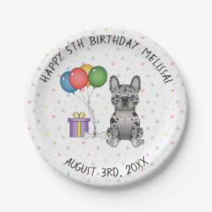 Blue Merle French Bulldog Cartoon Dog Birthday Paper Plate