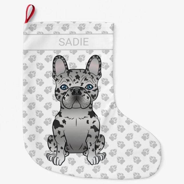 Blue Merle French Bulldog Frenchie Cute Dog & Name Large Christmas Stocking (Front)