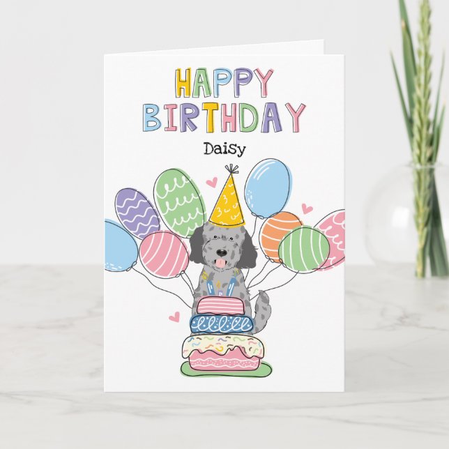 Blue Merle Goldendoodle Dog Happy Birthday Card (Front)