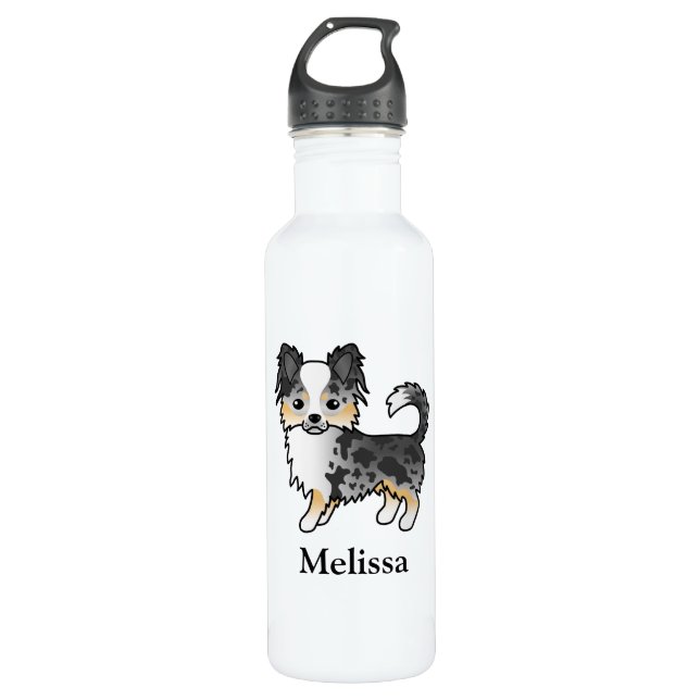 Blue Merle Long Coat Chihuahua Cartoon Dog & Name 710 Ml Water Bottle (Front)