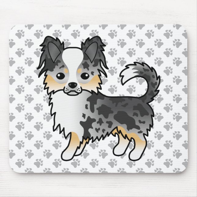 Blue Merle Long Coat Chihuahua Cartoon Dog & Paws Mouse Mat (Front)