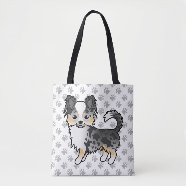 Blue Merle Long Coat Chihuahua Cartoon Dog & Paws Tote Bag (Front)