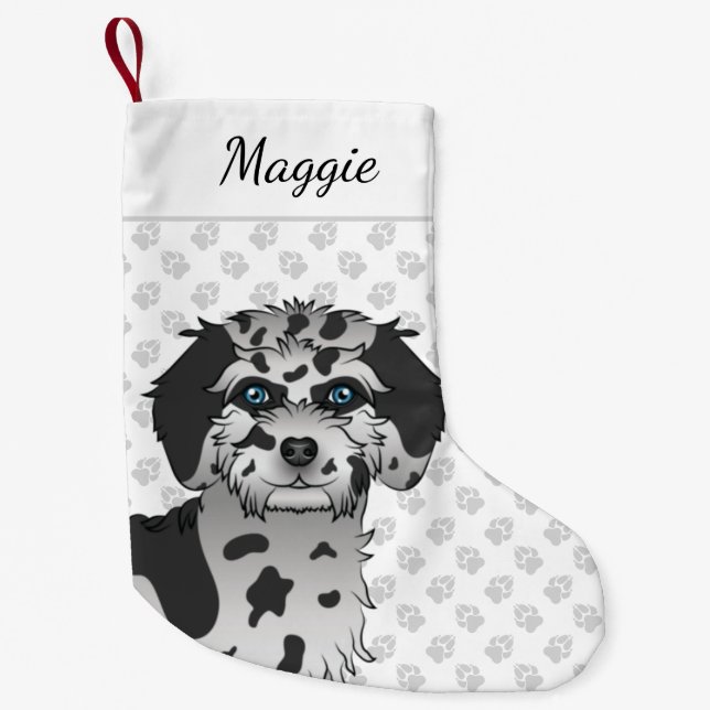 Blue Merle Mini Goldendoodle Dog Head & Name Small Christmas Stocking (Front)