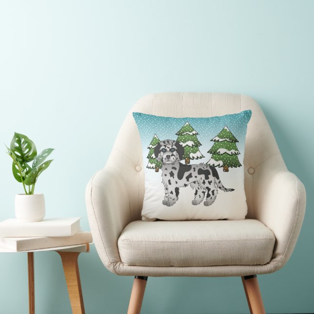 Blue Merle Mini Goldendoodle Dog - Winter Forest Cushion (Chair)