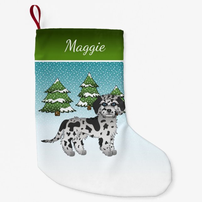 Blue Merle Mini Goldendoodle - Winter Forest Small Christmas Stocking (Front)
