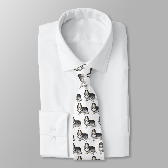 Blue Merle Rough Collie Cute Cartoon Dog Pattern Tie (Tied)