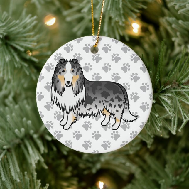 Blue Merle Rough Collie Cute Cartoon Dog & Paws Ceramic Tree Decoration (Tree)