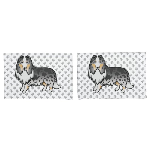 Blue Merle Rough Collie Cute Cartoon Dog & Paws Pillowcase (Front-Set)
