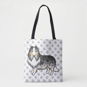 Blue Merle Rough Collie Cute Cartoon Dog & Paws Tote Bag