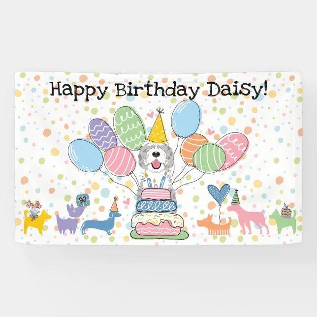 Blue Merle Sheepadoodle Dog  Birthday Party Banner (Horizontal)