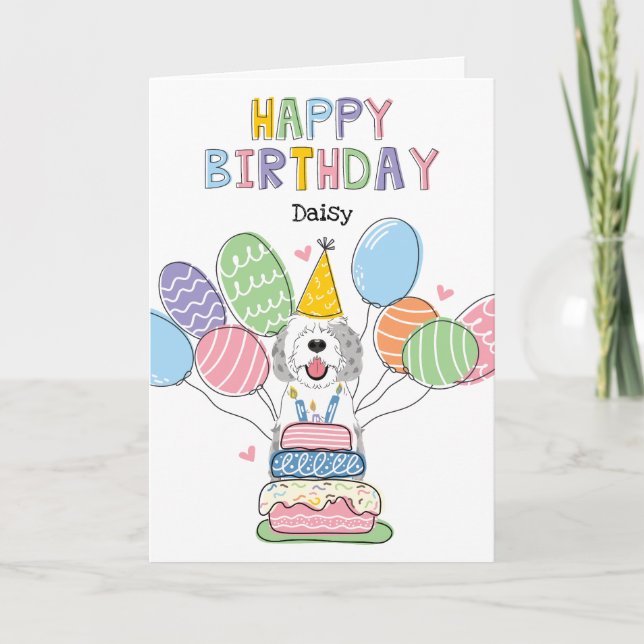 Blue Merle Sheepadoodle Dog Happy Birthday Card (Front)