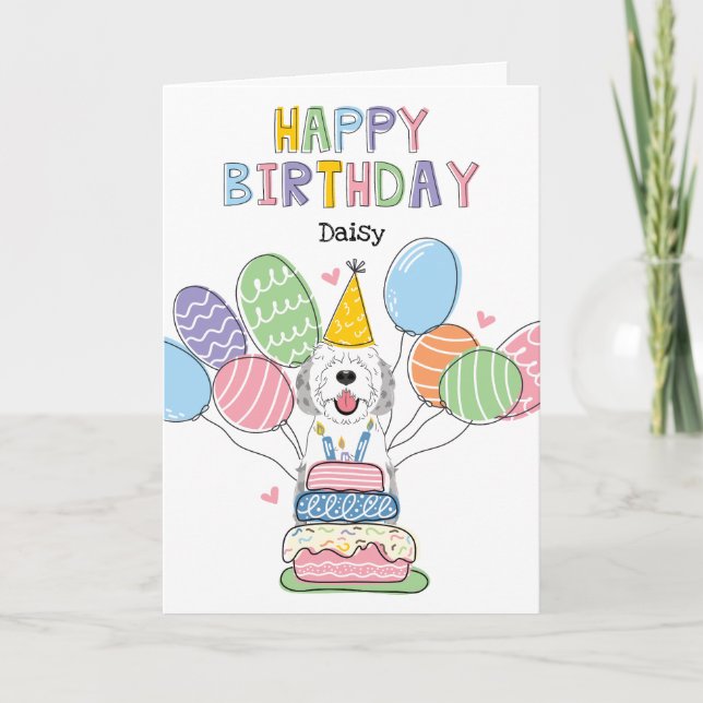 Blue Merle Sheepadoodle Dog Happy Birthday Card (Front)