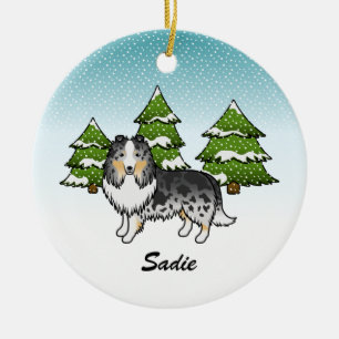 Blue Merle Sheltie Cartoon Dog In Winter & Name Ceramic Tree Decoration
