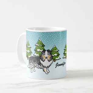 Blue Merle Sheltie Cartoon Dog In Winter & Name Coffee Mug
