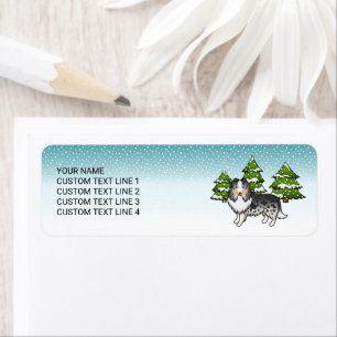 Blue Merle Sheltie Cartoon Dog In Winter & Text