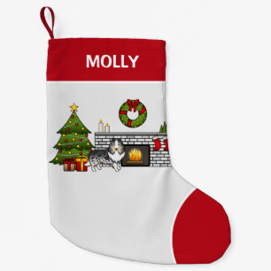 Blue Merle Sheltie Dog In A Christmas Room & Name Small Christmas Stocking