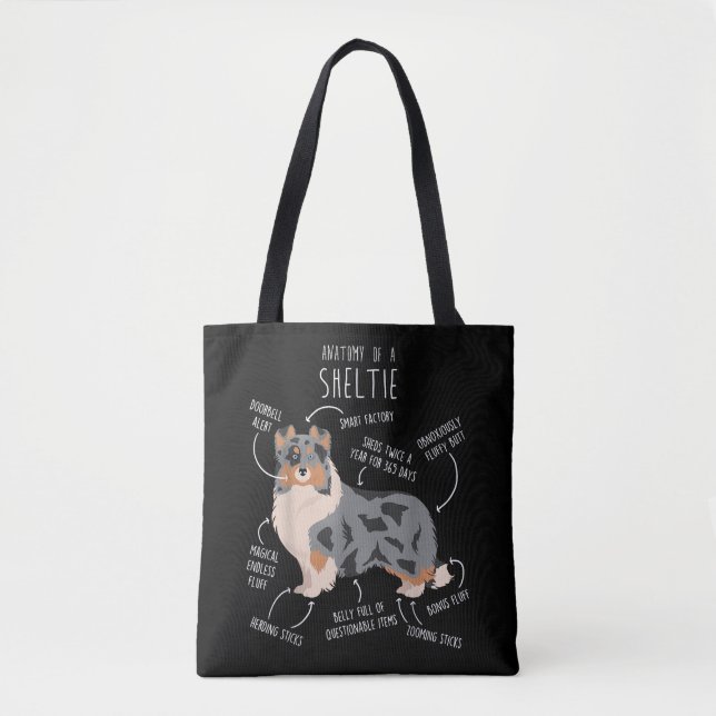 Blue Merle Sheltie Shetland Sheepdog Anatomy, Funn Tote Bag (Front)