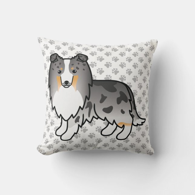 Blue Merle Shetland Sheepdog Cartoon Dog & Paws Cushion (Front)