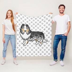 Blue Merle Shetland Sheepdog Cartoon Dog & Paws Fleece Blanket