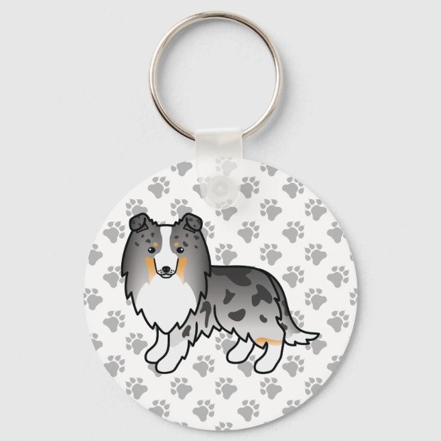 Blue Merle Shetland Sheepdog Cartoon Dog & Paws Key Ring (Front)