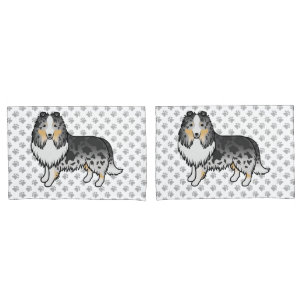 Blue Merle Shetland Sheepdog Cartoon Dog & Paws Pillowcase