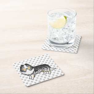 Blue Merle Shetland Sheepdog Cartoon Dog & Paws Square Paper Coaster