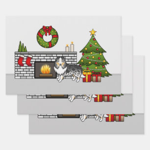 Blue Merle Shetland Sheepdog In A Christmas Room Wrapping Paper Sheet