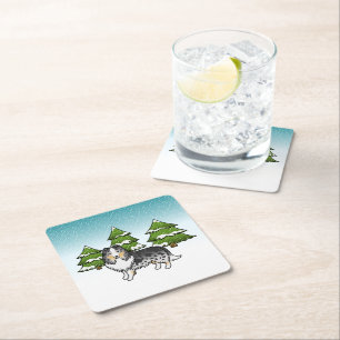 Blue Merle Shetland Sheepdog In A Winter Forest Square Paper Coaster