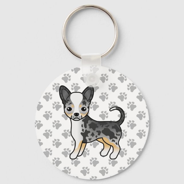 Blue Merle Smooth Coat Chihuahua Dog & Paws Key Ring (Front)