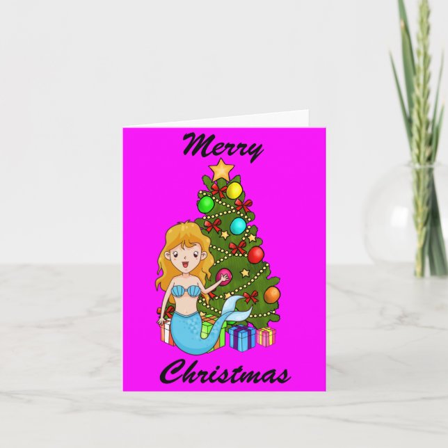 Blue Mermaid and Christmas Tree Holiday Card (Front)